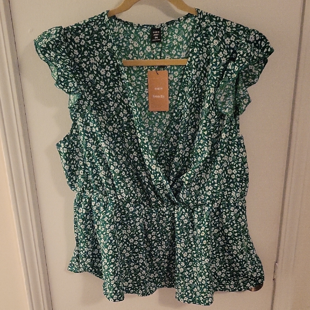 Green Floral Wrap Top